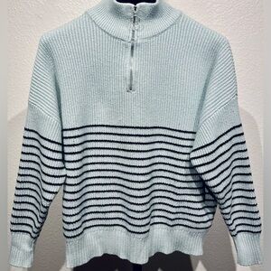 Light Blue & Black Striped Half-zip Knit Sweater with a High Neckline - Size S/M